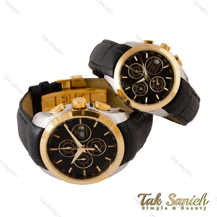 ساعت تیسوت ست بند چرم دورنگ طلایی صفحه مشکی Tissot-4395-S